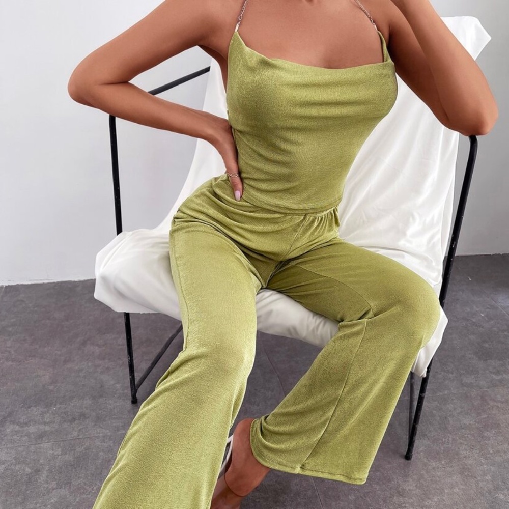 Solid Halter Top & Flare Leg Pants